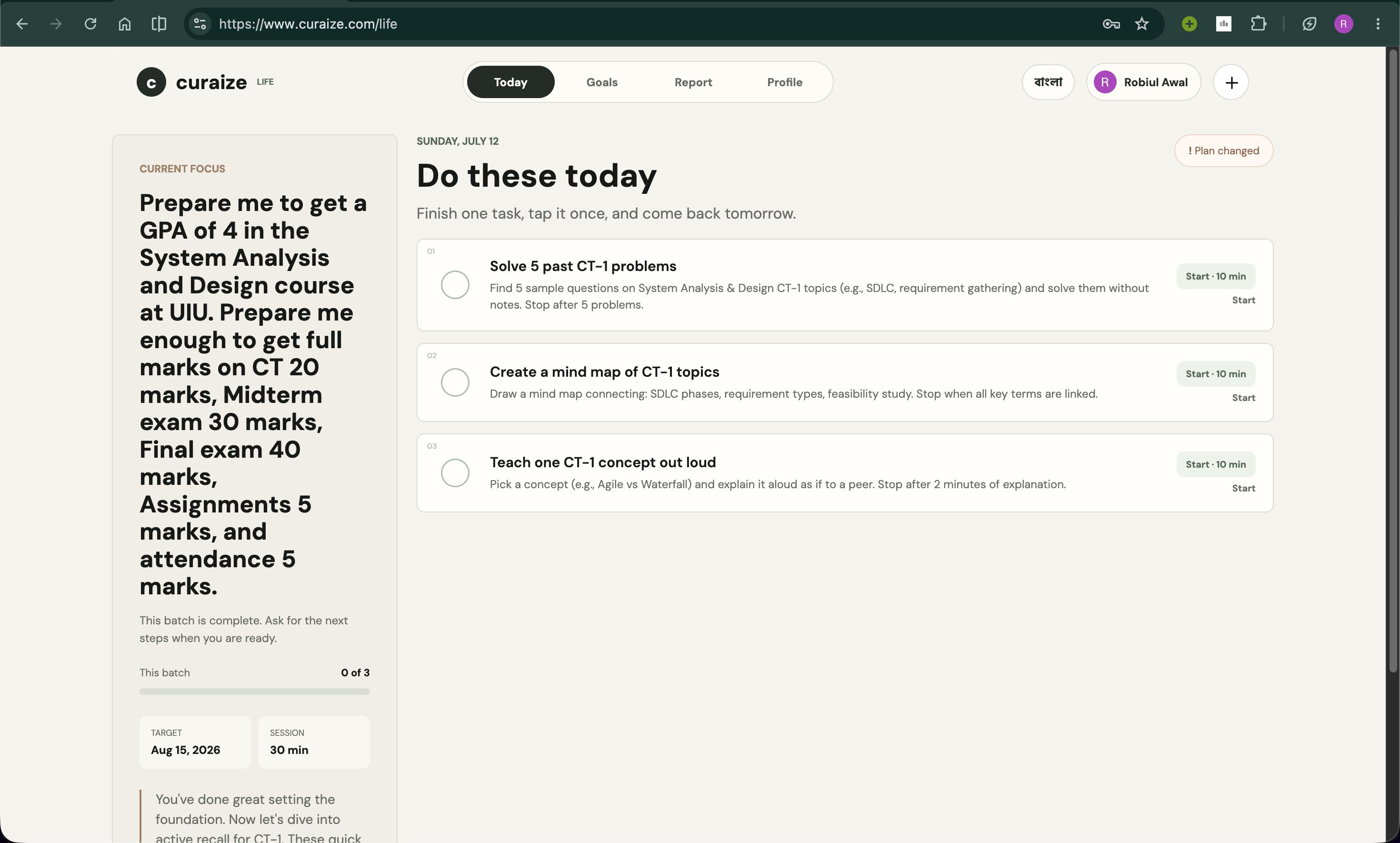 Curaize Life dashboard showing a list of tasks, a progress bar, and a calendar view.